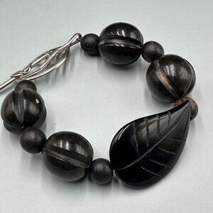 Chapal Zenray Beaded Bracelet Wood Round Beads Carved Onyx Leaf Sterling Clasp